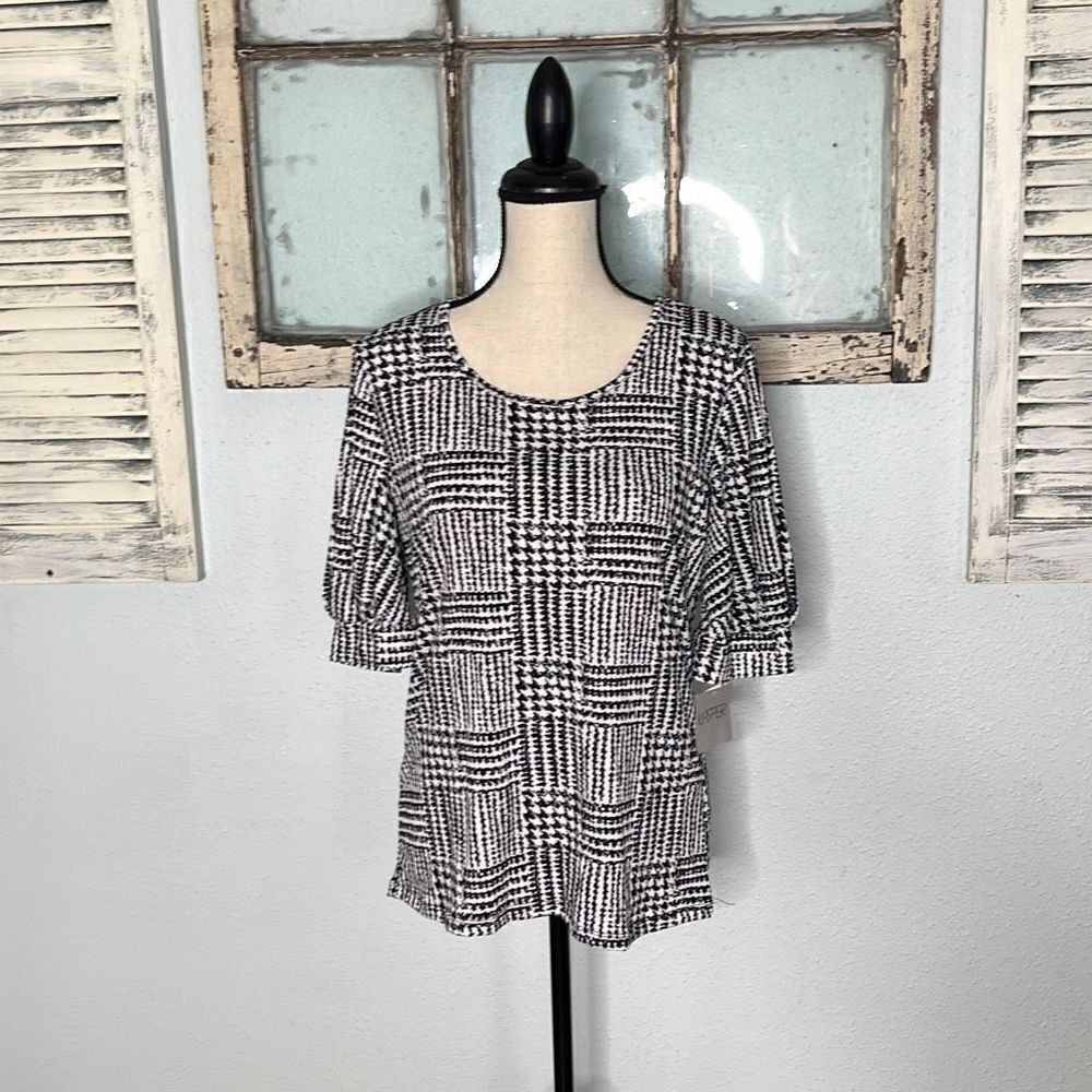 Kasper Womens Blouse Houndstooth Print Half Sleeve Black & White Size Medium NWT